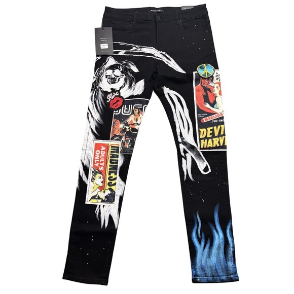 Embellish Mens Black Denim Jeans With Graphic Prints & Embroidery Size 34 - Picture 3 of 16
